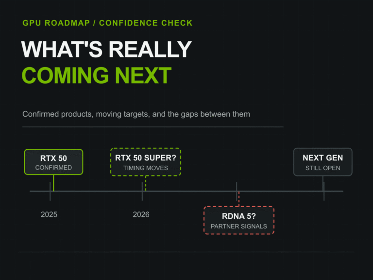 Timeline separating confirmed RTX 50 products from uncertain RTX 50 Super and RDNA 5 roadmap claims