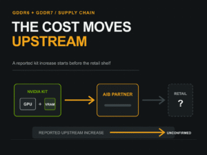 Reported GPU and VRAM kit cost moving from NVIDIA through an add-in board partner toward an uncertain retail effect