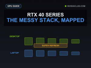 Desktop and laptop RTX 40 tier rows are crossed by a SUPER refresh band.