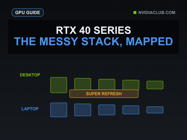Desktop and laptop RTX 40 tier rows are crossed by a SUPER refresh band.