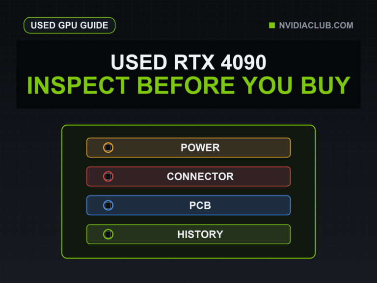 A four-row used RTX 4090 checklist covers power, connector, PCB, and history.