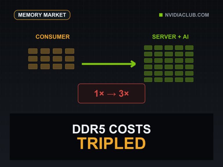 Consumer memory cells are diverted toward a denser server and AI field beside a one-times to three-times price mark.