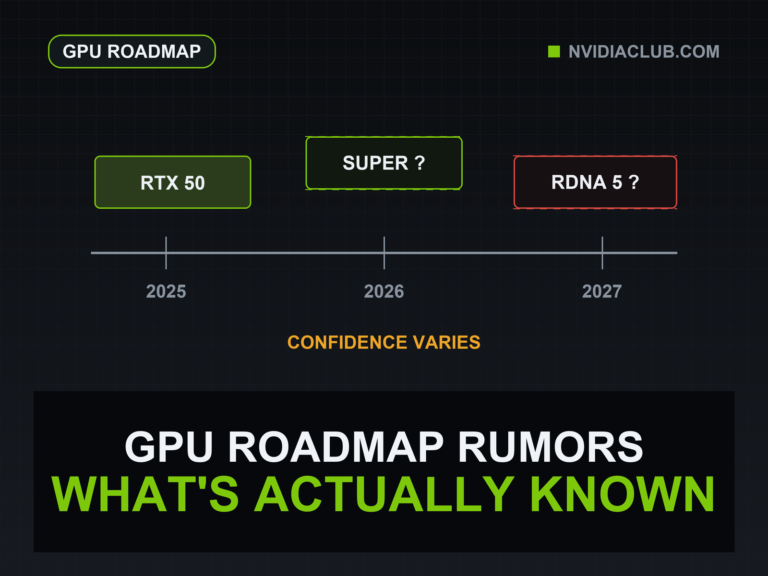 A confirmed RTX 50 timeline node is followed by dashed RTX 50 Super and RDNA 5 rumor nodes.