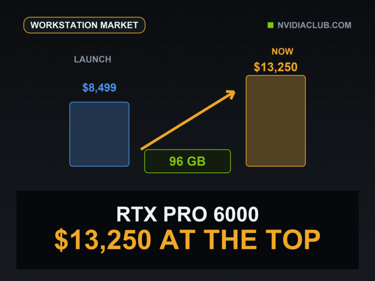 An RTX PRO 6000 price pillar rises from 8,499 dollars at launch to 13,250 dollars now beside a 96 GB label.