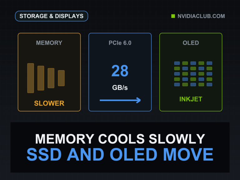 Shrinking memory-pressure bars sit beside a 28 GB per second SSD milestone and an inkjet OLED dot field.