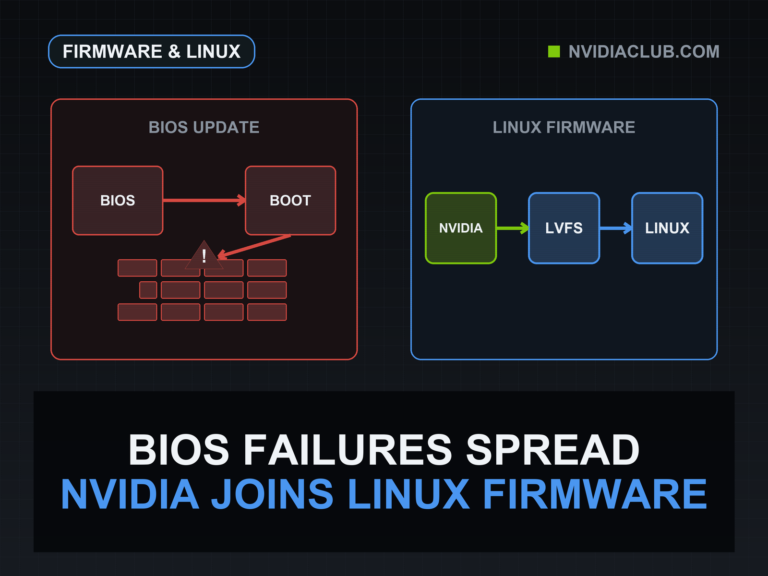 A red BIOS update path ends in a warning-marked brick wall beside NVIDIA joining a centered LVFS-to-Linux firmware path.