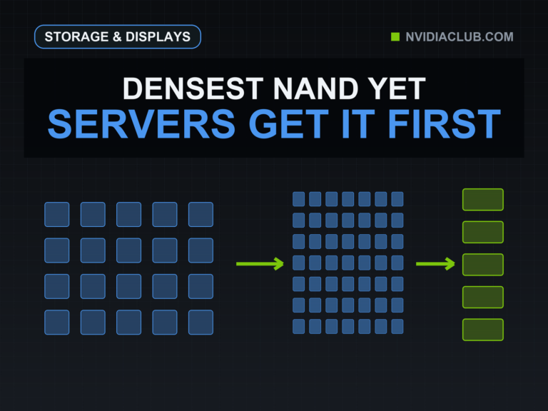 Sparse QLC cells compress into a dense blue field and flow toward a green server stack.
