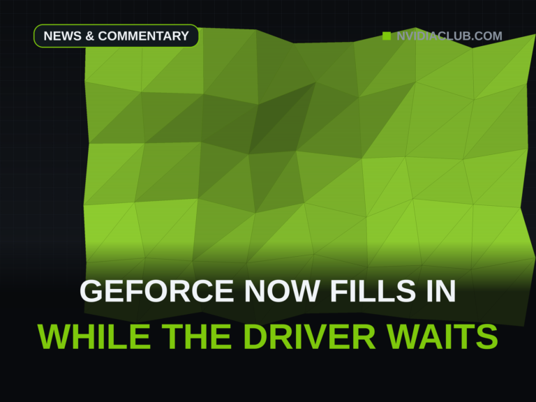 Abstract green low-poly triangle mesh with facet lighting on a dark technical grid, cover for the weekly GeForce news recap.