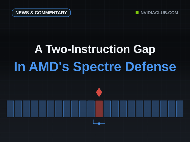 Abstract dark graphite cover: a row of blue instruction cells forming a security barrier, one cell breached in red by a falling interrupt pulse and sealed underneath by a blue patch bracket, under the headline A Two-Instruction Gap In AMD's Spectre Defense.