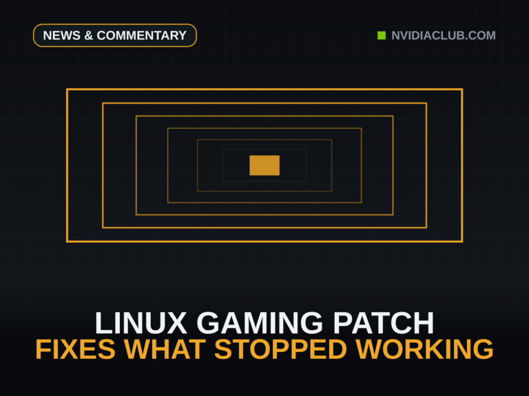 Abstract dark graphite cover: centered amber concentric layers representing the game-to-Proton-to-Linux compatibility stack narrowing to a lit amber center where the patch lands, under the headline Linux Gaming Patch Fixes What Stopped Working.