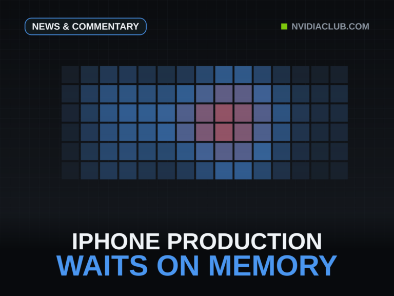 Abstract dark graphite cover: a blue-toned grid with one hotspot rising through amber into red, representing memory-supply pressure concentrated tightly enough to stall Apple’s own chip packaging, under the headline iPhone Production Waits On Memory.