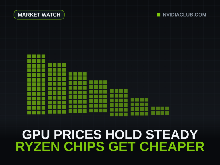 Green descending price steps above a centered headline reading GPU prices hold steady, Ryzen chips get cheaper.