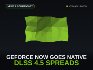 Abstract green low-poly triangle mesh with facet lighting on a dark technical grid, cover for the weekly GeForce news recap.