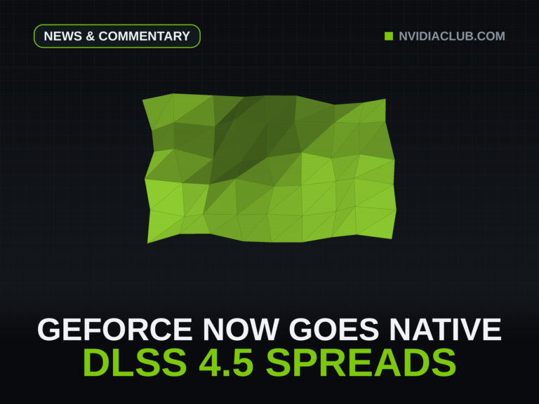 Abstract green low-poly triangle mesh with facet lighting on a dark technical grid, cover for the weekly GeForce news recap.