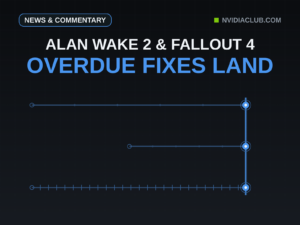 Cover with the headline Alan Wake 2 and Fallout 4, overdue fixes land, above a blue timeline graphic: three horizontal lanes of different lengths, two sparse years-long waits and one dense stream of fix ticks, all ending in lit nodes on the same vertical patch-day line.