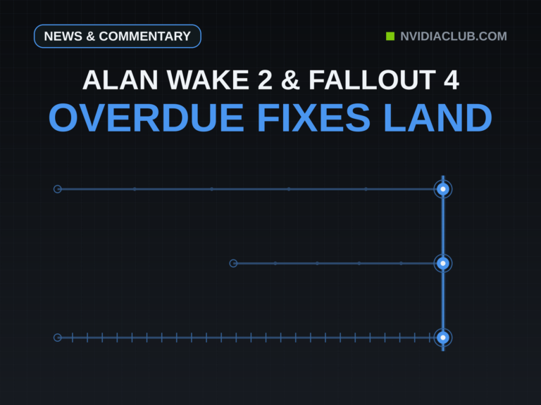Cover with the headline Alan Wake 2 and Fallout 4, overdue fixes land, above a blue timeline graphic: three horizontal lanes of different lengths, two sparse years-long waits and one dense stream of fix ticks, all ending in lit nodes on the same vertical patch-day line.
