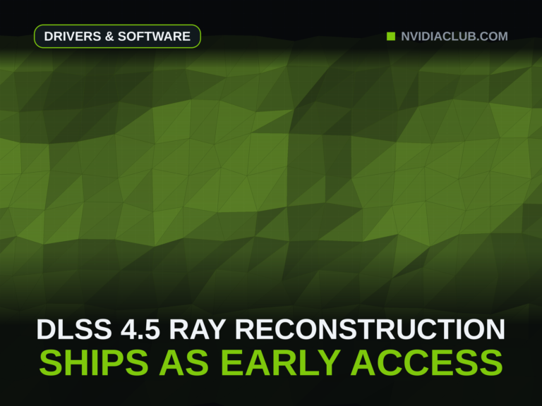 Abstract green low-poly triangle mesh filling a dark technical grid, cover for the weekly GeForce recap on DLSS 4.5 Ray Reconstruction reaching the NVIDIA app and the 616.56 Game Ready driver.