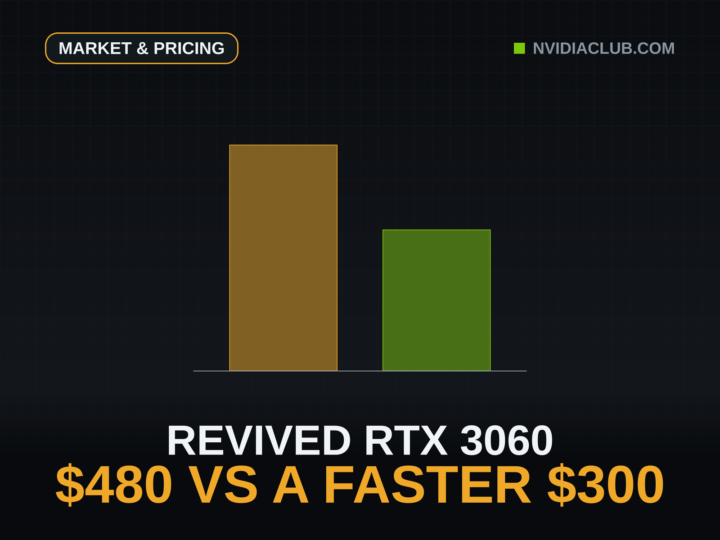 Two columns drawn to scale on one baseline: an amber column for the revived RTX 3060 12GB at $479.99 beside a shorter green column for the faster RTX 5050 at $299.99. Headline reads revived RTX 3060, $480 vs a faster $300.
