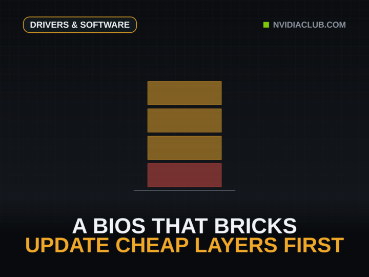 A four-layer update stack with the bottom firmware layer in red, the one level where a failed flash costs the whole machine.