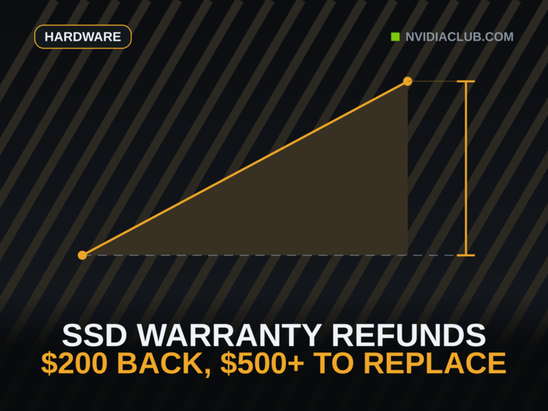 Amber chart drawn to scale: a 4TB portable SSD's street price climbing from its $199.99 invoice to the above-$500 listing reported in August 2026, with a dashed reference line on the same scale at the $199.99 the warranty refund pays and a bracket marking the gap between them. Headline reads SSD warranty refunds, $200 back, $500+ to replace.