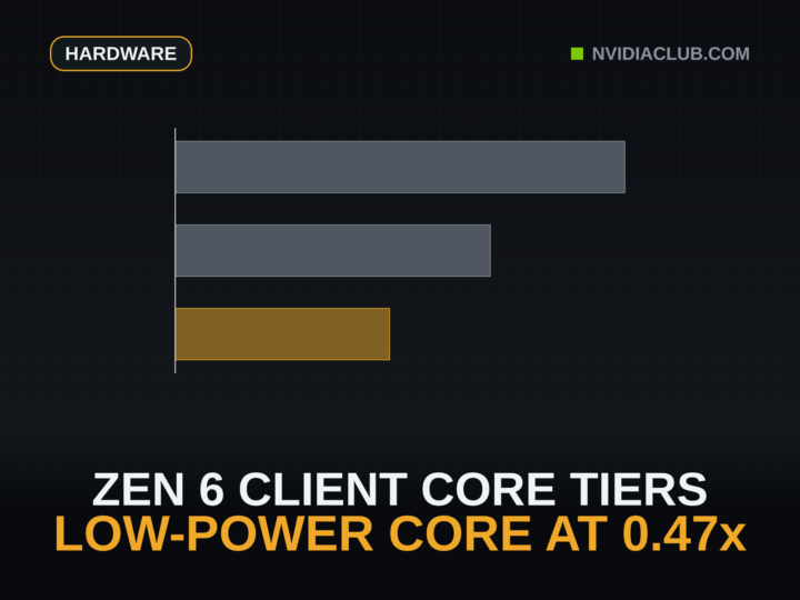 Feature image with three horizontal bars drawn to scale from the hard-coded Zen 6 client frequency ceilings, 5025 for the performance core and 3524 for the dense efficiency core in grey, and a shorter amber bar at 2399 for the new low-power core, above a headline reading low-power core at 0.47x.