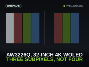 Feature image comparing two OLED subpixel layouts as exact counts, to scale and at the same slab size: four slabs on the left for the white, red, green and blue elements of a WRGB pixel, three on the right for the red, green and blue of the Alienware AW3226Q's RGB-stripe tandem WOLED, under the headline that the panel has three subpixels, not four.