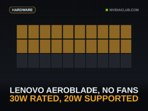 Dark technical cover with a grid of thirty cells drawn to scale: twenty lit amber cells stand for the 20W of processor power Lenovo's AeroBlade concept supports, and ten unlit cells complete the 30W the four AirJet Mini modules are rated to dissipate. Headline reads Lenovo AeroBlade, no fans, 30W rated, 20W supported.
